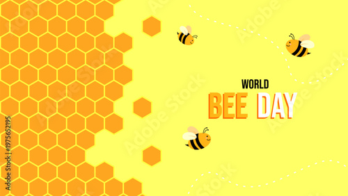 World Bee Day Background with Cute Honeybees and Honeycomb Pattern