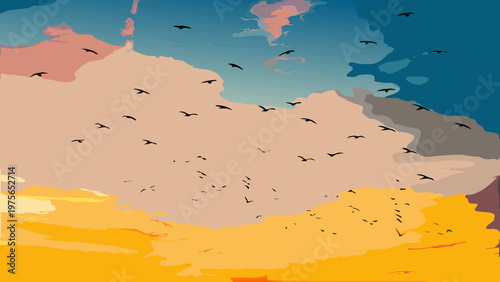 A majestic, large orange celestial sphere, possibly the sun, takes center stage as numerous birds gracefully circle and pass by, silhouetted against a soft, colorful sky of peach, orange, and blue sty