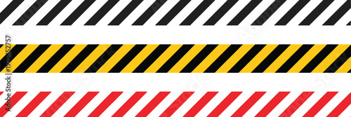 Warning, tape in yellow, red, black diagonal stripes line, caution hazard danger road, attention safety stripe warning, warn stop seamless line, stretched caution, industrial safety design, 