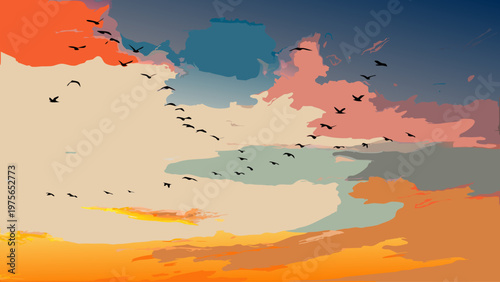Numerous birds soar gracefully around a prominent, soft-edged orange celestial body or cloud, silhouetted against a breathtaking stylized sky featuring hues of red, orange, and blue, suggesting a peac