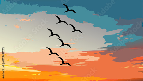 A dynamic illustration captures a multitude of birds in flight across a vibrant, painterly sky, showcasing the energetic movement of nature amidst dramatic orange, red, and blue cloud formations durin