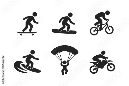 Extreme sports silhouette icon set in simple flat vector style