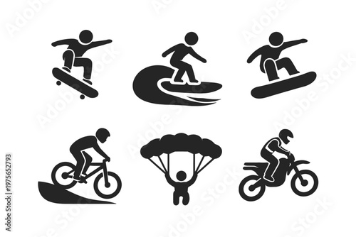 Extreme sports silhouette icon set in simple flat vector style