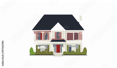 Classic Two Story Suburban House Front View with Red Shutters and Green Bushes Vector Illustration