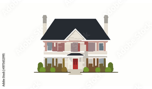 Two Story Suburban House Perspective View with Dark Roof Red Shutters and Garden Vector Design