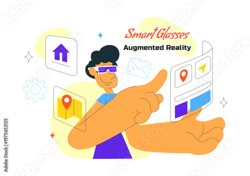 Smart Glasses Augmented Reality Illustration With Futuristic Interface, Digital Navigation Icons, Wearable Technology and Modern Innovation Design