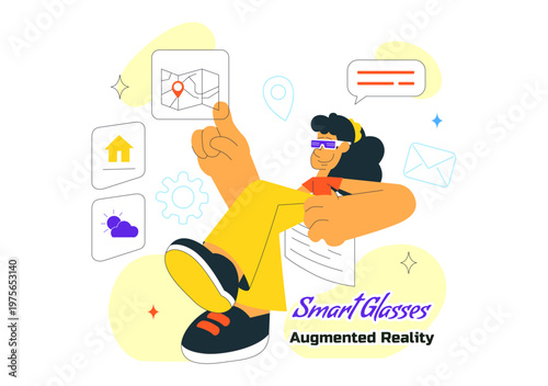 Smart Glasses Augmented Reality Illustration With Futuristic Interface, Digital Navigation Icons, Wearable Technology and Modern Innovation Design