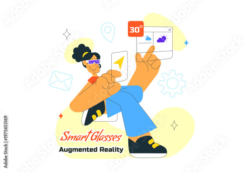 Smart Glasses Augmented Reality Illustration With Futuristic Interface, Digital Navigation Icons, Wearable Technology and Modern Innovation Design