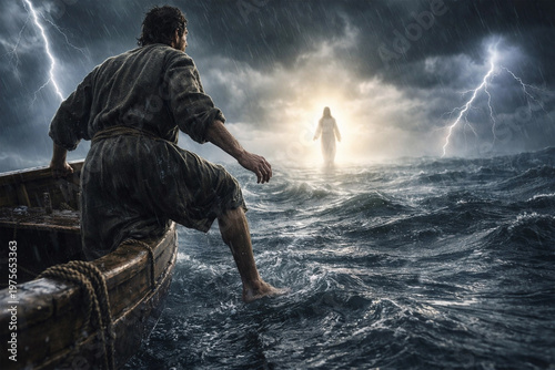 Peter reaches for Jesus walking on stormy waters amidst lightning and rain.