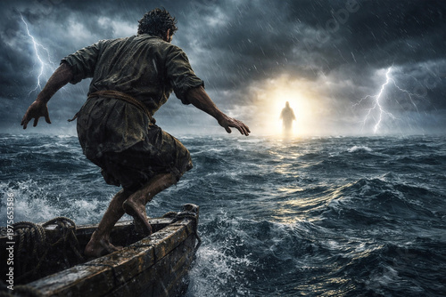 Peter reaches for Jesus walking on stormy waters amidst lightning and rain.