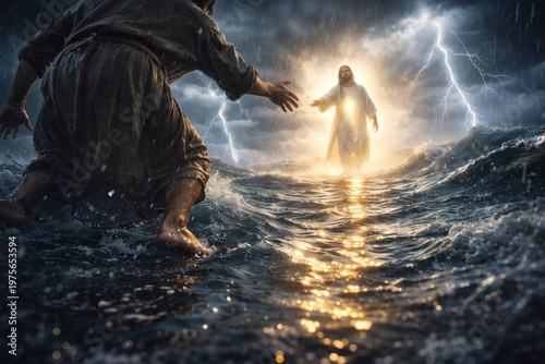 Peter reaches for Jesus walking on stormy waters amidst lightning and rain.
