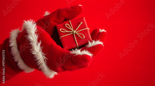 santa hand holding gift box on red background	