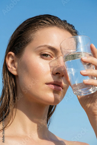 Close-up portrait of a young woman with wet hair holding a glass of pure water near her face against a clear blue sky background.