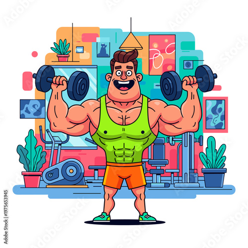 Muscular Man Lifting Dumbbells in Colorful Cartoon Gym Illustration
