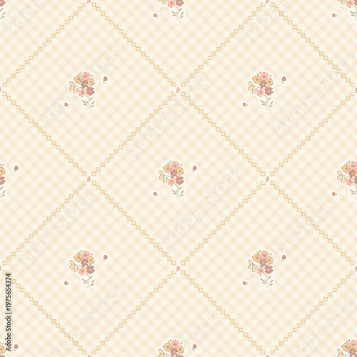 Seamless floral pattern, ditsy flower pattern, fabric print in elegant style on gingham background, cute small flower background. Floral design for home textile, wallpaper pattern, fabric, fashion. Ve