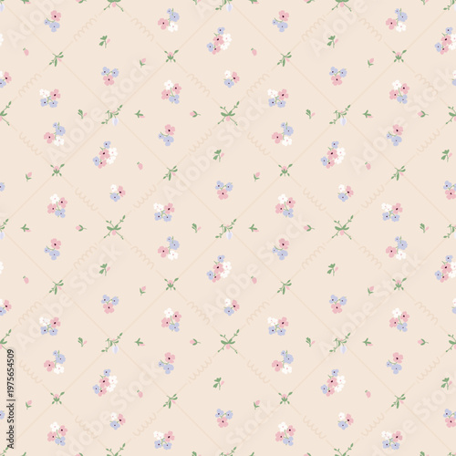 Seamless floral pattern, ditsy flower pattern, fabric print in earth tone style on light background, cute small flower background. Floral design for home textile, wallpaper pattern, fabric, fashion. V
