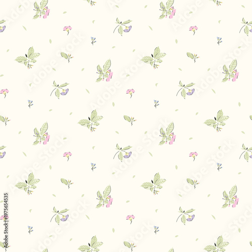 Seamless floral pattern, ditsy flower pattern, fabric print in elegant style on light background, cute small flower background. Floral design for home textile, wallpaper pattern, fabric, fashion. Vect
