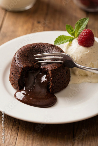 Chocolate lava cake with molten center, served with vanilla ice cream, fresh raspberry, and mint on a white plate. Elegant gourmet dessert on wood table.
