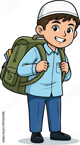 Young Muslim Boy Student with Kufi Cap Carrying Backpack Smiling for Islamic School Education