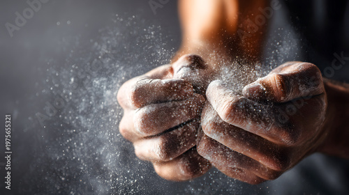 Strong hands gripping and releasing chalk dust in dark background  