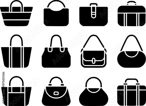 Collection of black silhouette representing various styles of handbags and bags a white background