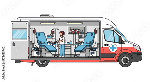 Detailed illustration of an ambulance interior with a paramedic and two patient beds