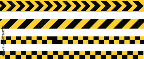 Yellow, and black hazard warning tape illustration in vector style, for industrial, construction, and road safety applications, transparent background, visual alert for dangerous areas, safety 