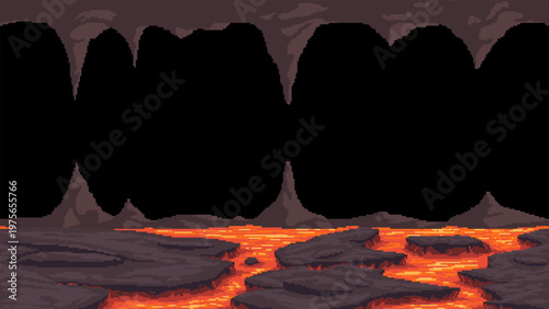 Pixel art hell lava cave background