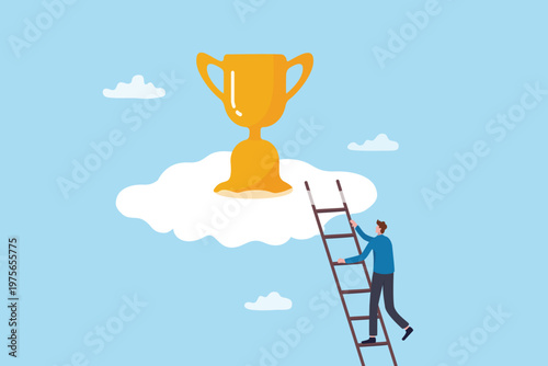 Climbing career success ladder, progress or step to growth opportunity, achievement, motivation to overcome challenge, corporate ladder concept, young employee climb up ladder to find career trophy.