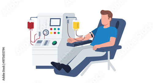Man donating blood with a plasma machine in a medical setting with a blue chair and white background