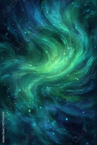 Vibrant green and blue nebula clouds swirl with countless sparkling stars across the deep dark expanse of outer space creating a cosmic spectacle of celestial wonder and awe inspiring beauty