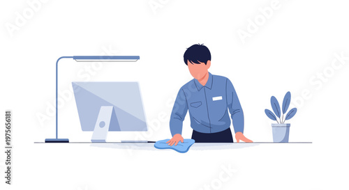 In a flat vector illustration, a diligent cleaning worker wipes a desk with a cloth, maintaining a tidy workspace in the light-filled office, ensuring cleanliness and order with a focused