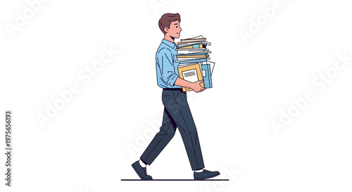 Side view illustration of a worker carrying a large stack of paperwork in a business office, depicted in a clean, flat vector style with a minimalist white background, conveying a sense
