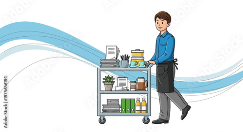 Illustrated office worker pushes a service cart filled with supplies in a flat-style composition, set against a clean white background accented with flowing blue lines, conveying a cheerful