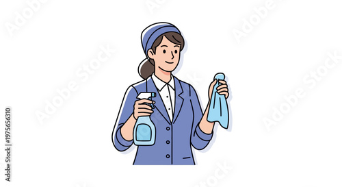 Detailed vector illustration of a smiling cleaning service worker in a blue uniform holding a spray bottle and a cloth, with a clean design against a white background