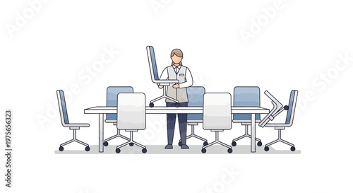 Minimalist vector illustration of a person in a cleaning service role tidying a conference room by stacking chairs on a table, set against a clean white background with a calm and organized