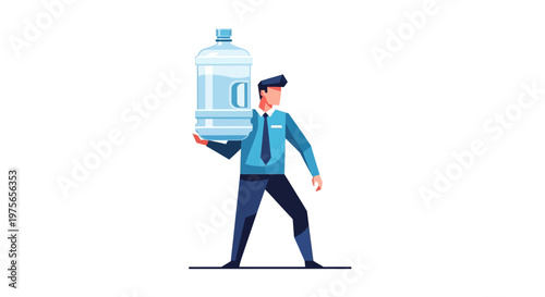 A cartoon office worker character is depicted in a vector illustration, carrying a large water bottle on his shoulder against a clean white background, designed with flat colors