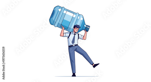 A cartoon office worker carries a large water bottle over his shoulder in this full shot illustration, wearing a tie and uniform against a clean white background, portraying a humorous