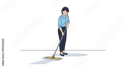 A focused cleaning service worker is mopping a floor in a minimalist, light-filled setting, rendered as a clean vector illustration with a shallow depth of field highlighting