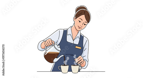 Illustrated female barista pouring coffee into two white cups in a vector design, depicted with a shallow depth of field to emphasize the action, presented against a clean white background