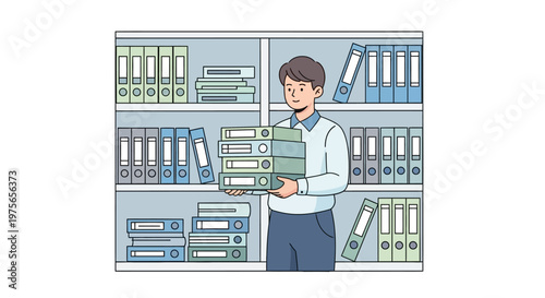 Stylized vector drawing of an office worker carrying a tall stack of file folders in front of a metal shelving unit, rendered in a flat design style with a soft color palette, depicting