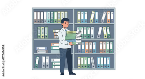 Minimalist vector illustration of a young man carrying a stack of files in an office, standing in front of a large filing cabinet filled with documents, rendered in a flat style