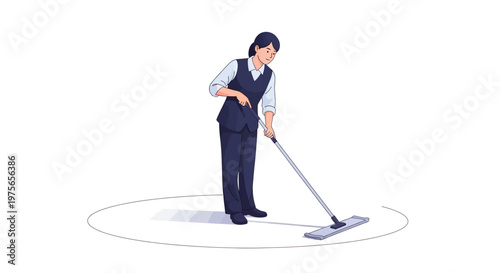 A flat vector illustration shows a woman performing a cleaning service, mopping the floor in a blue uniform against a clean white background, depicting her routine work in a minimalistic