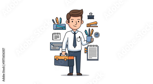 Illustrated office worker character holding a briefcase and a cup of pens, surrounded by stationery in a flat lay style against a clean white background, conveying a productive