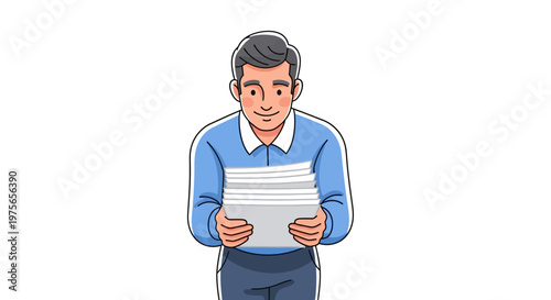 A smiling office worker is holding a stack of papers, depicted in a clean vector illustration style against a plain white background, conveying a helpful and efficient mood with simple