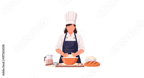 Female professional baker kneading dough in kitchen. EPS Editable. Vector Illustrations.