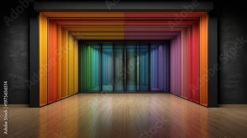 Vibrant Rainbow Color Archway Leading to Dark Interior Futuristic Design with Reflective Floor and Textured Walls Dramatic Lighting Highlights Architectural Symmetry and Depth