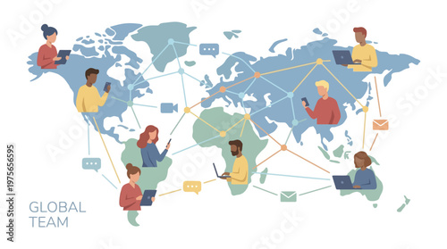 Global team working remotely across the world map. EPS Editable. Vector Illustrations.