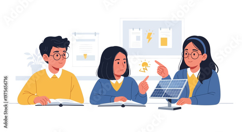 Group of diverse students collaborating on a science project with solar panel model. EPS Editable. Vector Illustrations.