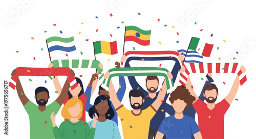 Group of diverse sports fans celebrating with flags and scarves. EPS Editable. Vector Illustrations.